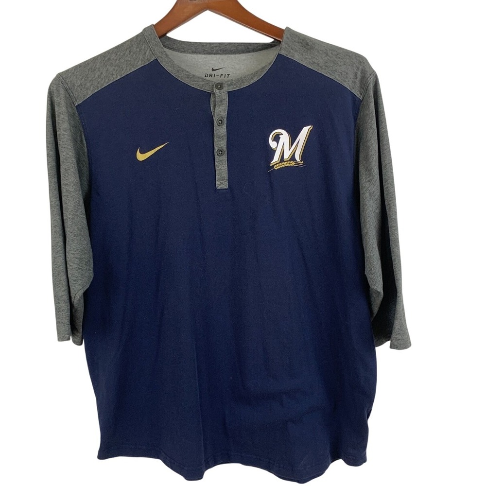 Nike Milwaukee Brewers Henley Shirt Men's XXL Blue Gray Logo MLB Baseball